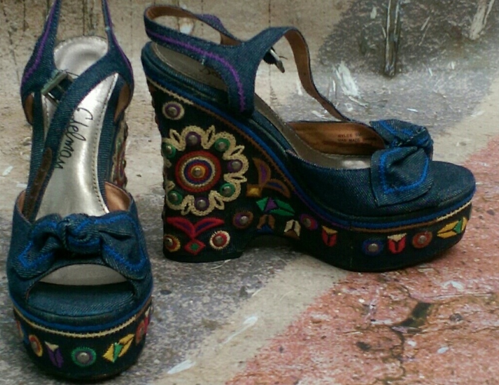 Sam Edelman "Rylee" blue denim embroidered wedges